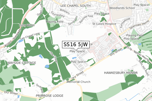 SS16 5JW map - small scale - OS Open Zoomstack (Ordnance Survey)