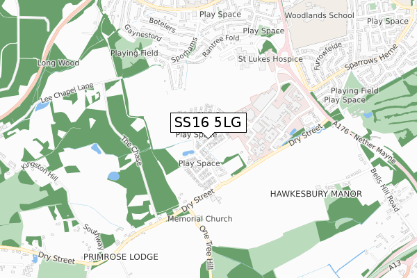 SS16 5LG map - small scale - OS Open Zoomstack (Ordnance Survey)