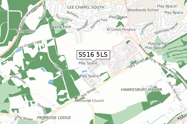 SS16 5LS map - small scale - OS Open Zoomstack (Ordnance Survey)