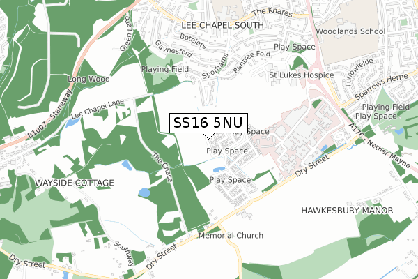 SS16 5NU map - small scale - OS Open Zoomstack (Ordnance Survey)