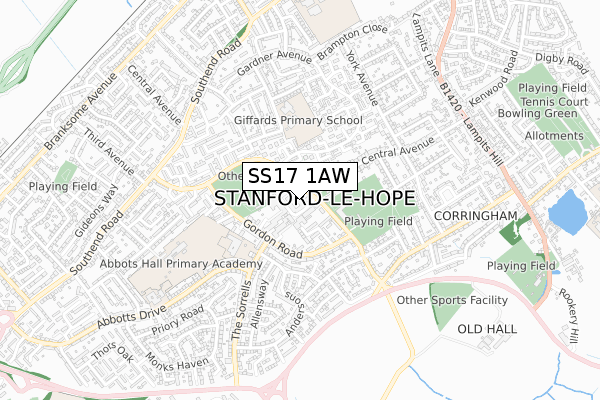 SS17 1AW map - small scale - OS Open Zoomstack (Ordnance Survey)