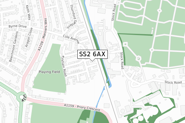 SS2 6AX map - large scale - OS Open Zoomstack (Ordnance Survey)