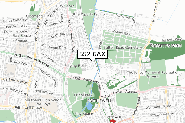 SS2 6AX map - small scale - OS Open Zoomstack (Ordnance Survey)