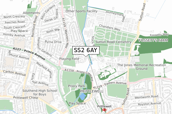 SS2 6AY map - small scale - OS Open Zoomstack (Ordnance Survey)