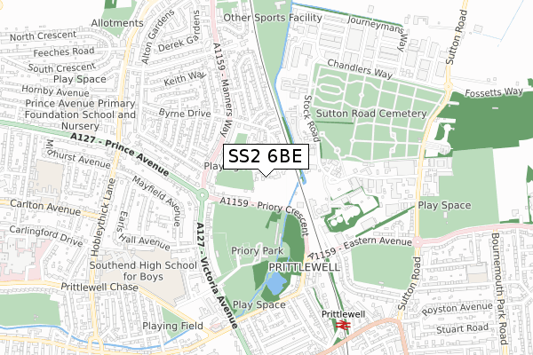 SS2 6BE map - small scale - OS Open Zoomstack (Ordnance Survey)