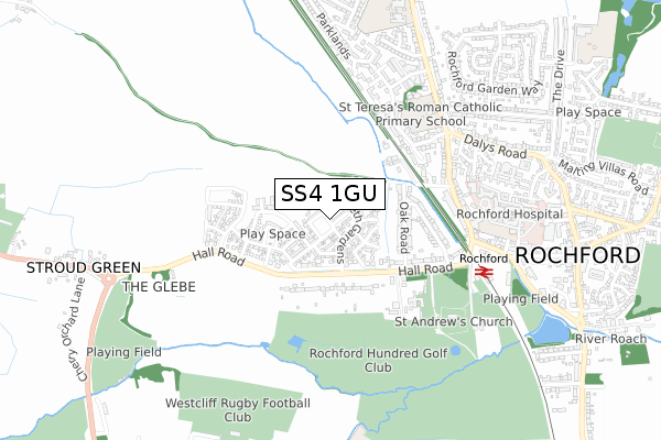 SS4 1GU map - small scale - OS Open Zoomstack (Ordnance Survey)