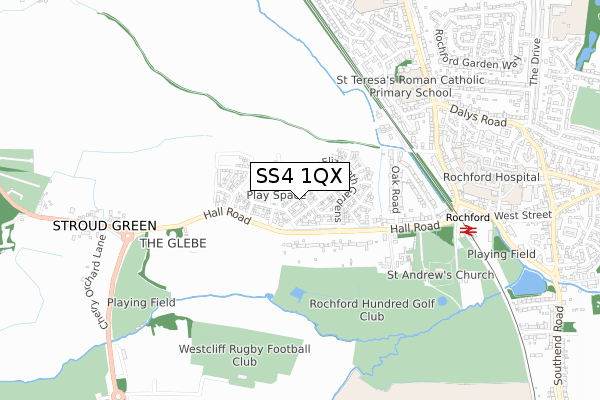 SS4 1QX map - small scale - OS Open Zoomstack (Ordnance Survey)