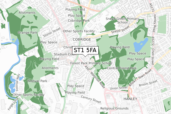 ST1 5FA map - small scale - OS Open Zoomstack (Ordnance Survey)