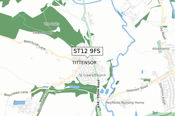 ST12 9FS map - small scale - OS Open Zoomstack (Ordnance Survey)