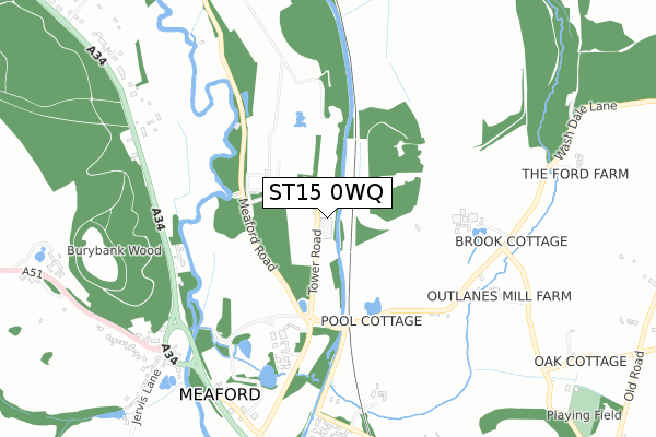 ST15 0WQ map - small scale - OS Open Zoomstack (Ordnance Survey)