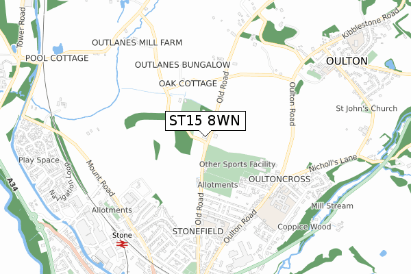 ST15 8WN map - small scale - OS Open Zoomstack (Ordnance Survey)