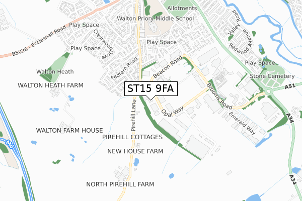 ST15 9FA map - small scale - OS Open Zoomstack (Ordnance Survey)