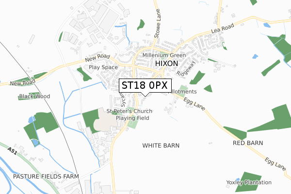 ST18 0PX map - small scale - OS Open Zoomstack (Ordnance Survey)