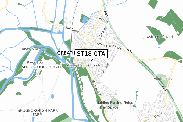 ST18 0TA map - small scale - OS Open Zoomstack (Ordnance Survey)