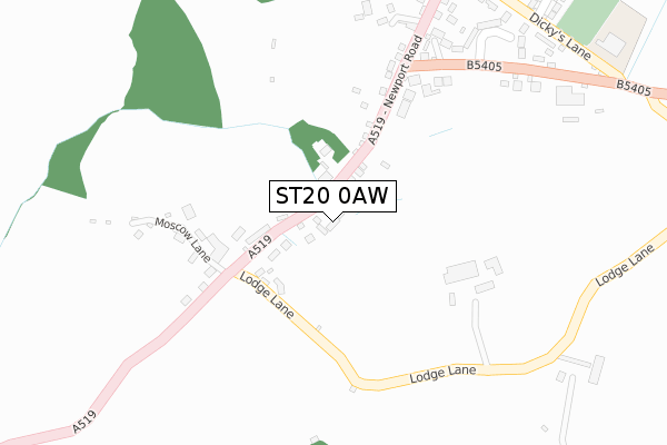 ST20 0AW map - large scale - OS Open Zoomstack (Ordnance Survey)