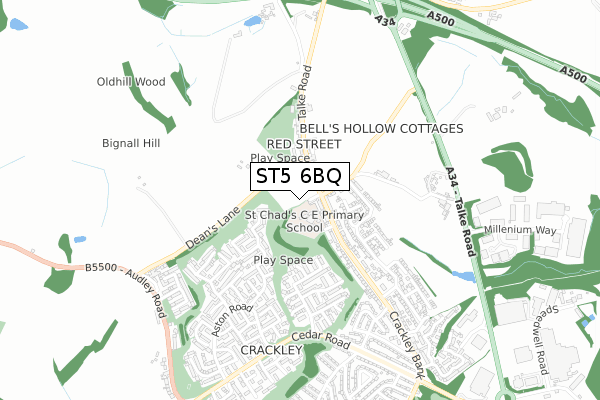 ST5 6BQ map - small scale - OS Open Zoomstack (Ordnance Survey)