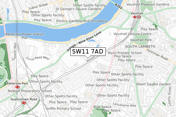 SW11 7AD map - small scale - OS Open Zoomstack (Ordnance Survey)