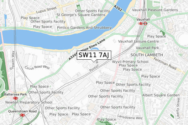 SW11 7AJ map - small scale - OS Open Zoomstack (Ordnance Survey)