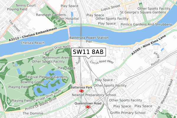 SW11 8AB map - small scale - OS Open Zoomstack (Ordnance Survey)