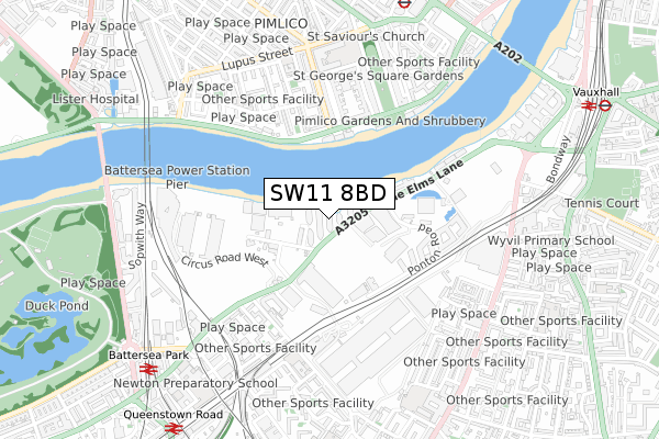 SW11 8BD map - small scale - OS Open Zoomstack (Ordnance Survey)