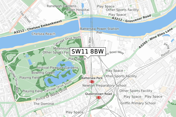 SW11 8BW map - small scale - OS Open Zoomstack (Ordnance Survey)