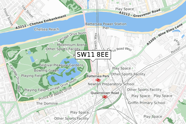 SW11 8EE map - small scale - OS Open Zoomstack (Ordnance Survey)