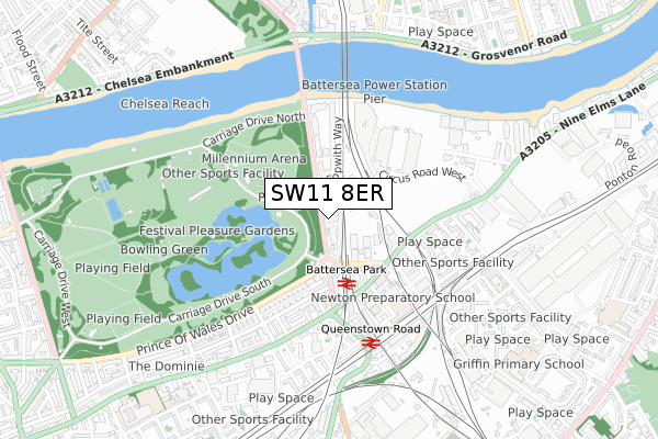 SW11 8ER map - small scale - OS Open Zoomstack (Ordnance Survey)