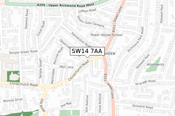 SW14 7AA map - large scale - OS Open Zoomstack (Ordnance Survey)