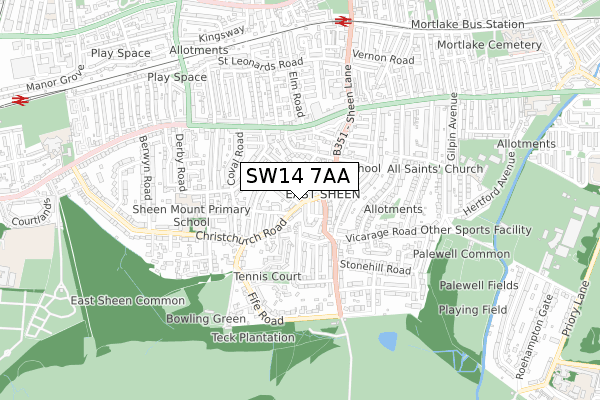 SW14 7AA map - small scale - OS Open Zoomstack (Ordnance Survey)