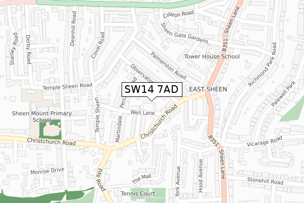 SW14 7AD map - large scale - OS Open Zoomstack (Ordnance Survey)