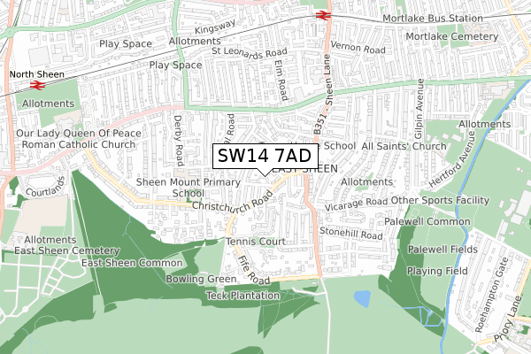 SW14 7AD map - small scale - OS Open Zoomstack (Ordnance Survey)