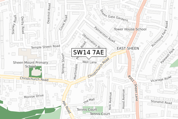 SW14 7AE map - large scale - OS Open Zoomstack (Ordnance Survey)