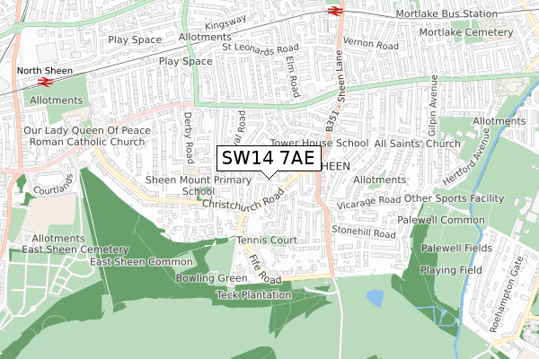 SW14 7AE map - small scale - OS Open Zoomstack (Ordnance Survey)