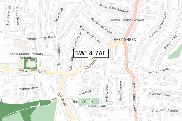 SW14 7AF map - large scale - OS Open Zoomstack (Ordnance Survey)