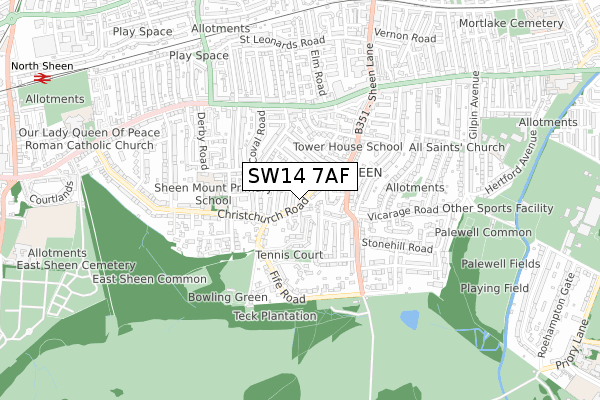 SW14 7AF map - small scale - OS Open Zoomstack (Ordnance Survey)