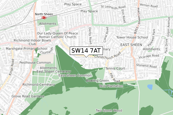 SW14 7AT map - small scale - OS Open Zoomstack (Ordnance Survey)