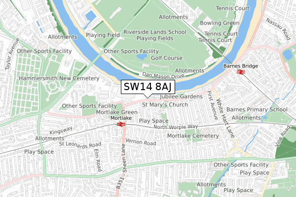 SW14 8AJ map - small scale - OS Open Zoomstack (Ordnance Survey)