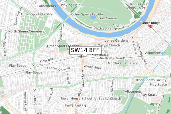 SW14 8FF map - small scale - OS Open Zoomstack (Ordnance Survey)