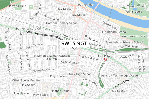 SW15 9GT map - small scale - OS Open Zoomstack (Ordnance Survey)