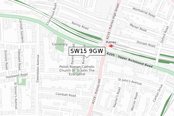 SW15 9GW map - large scale - OS Open Zoomstack (Ordnance Survey)