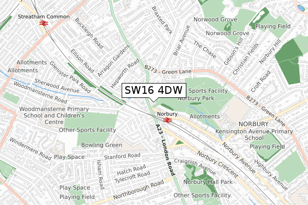 SW16 4DW map - small scale - OS Open Zoomstack (Ordnance Survey)