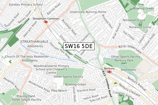 SW16 5DE map - small scale - OS Open Zoomstack (Ordnance Survey)