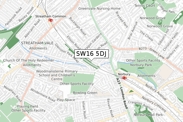 SW16 5DJ map - small scale - OS Open Zoomstack (Ordnance Survey)