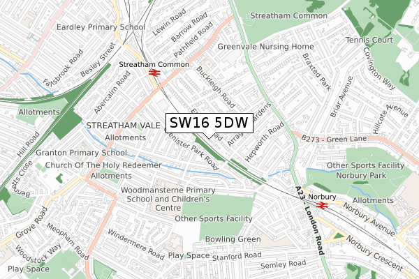 SW16 5DW map - small scale - OS Open Zoomstack (Ordnance Survey)