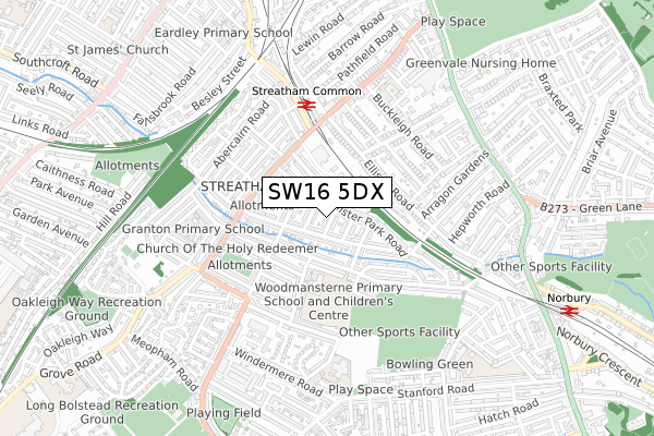 SW16 5DX map - small scale - OS Open Zoomstack (Ordnance Survey)