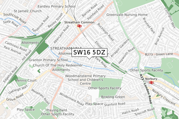 SW16 5DZ map - small scale - OS Open Zoomstack (Ordnance Survey)