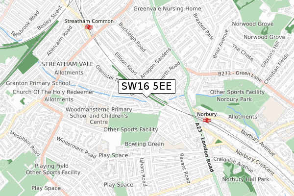 SW16 5EE map - small scale - OS Open Zoomstack (Ordnance Survey)