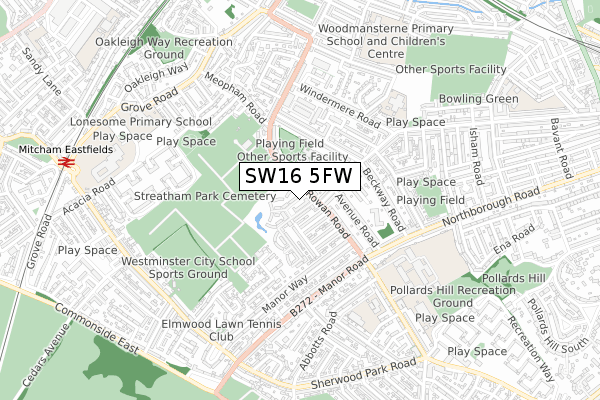 SW16 5FW map - small scale - OS Open Zoomstack (Ordnance Survey)