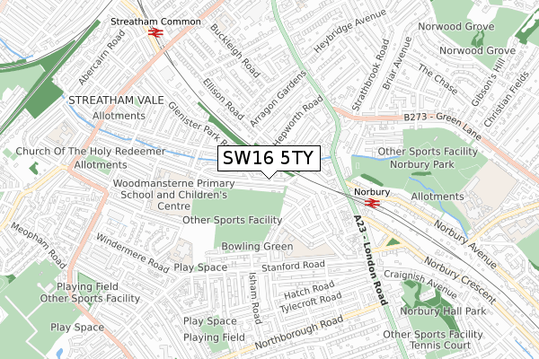 SW16 5TY map - small scale - OS Open Zoomstack (Ordnance Survey)