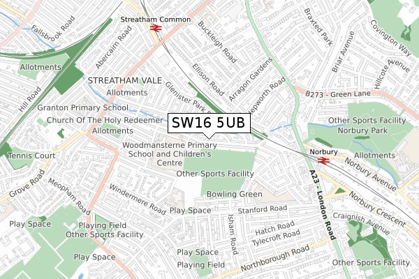 SW16 5UB map - small scale - OS Open Zoomstack (Ordnance Survey)